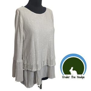 Sioni Gray Beige Sequin Knit Pleated Trim Sweater Size Large L1